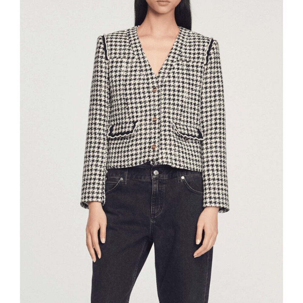SANDRO Paris Houndstooth Tweed Jacket in Black and White Size 36 or US 4